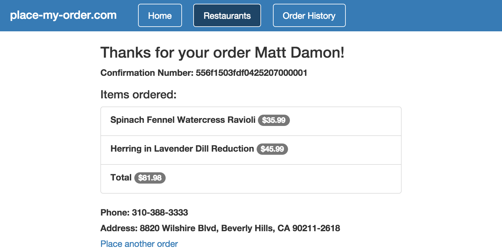 Restaurant order confirmation page